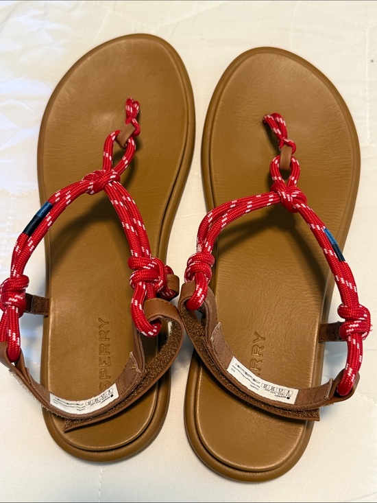 Sperry Shoes - Sperry Tan Footbed Sandals with Red Rope Straps